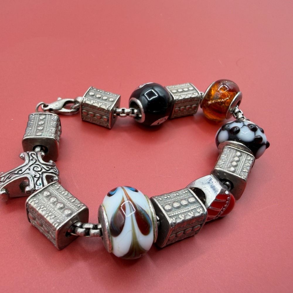 Silver Tone Lampwork Glass Bead Bracelet Chunky Boho Statement Vintage Style